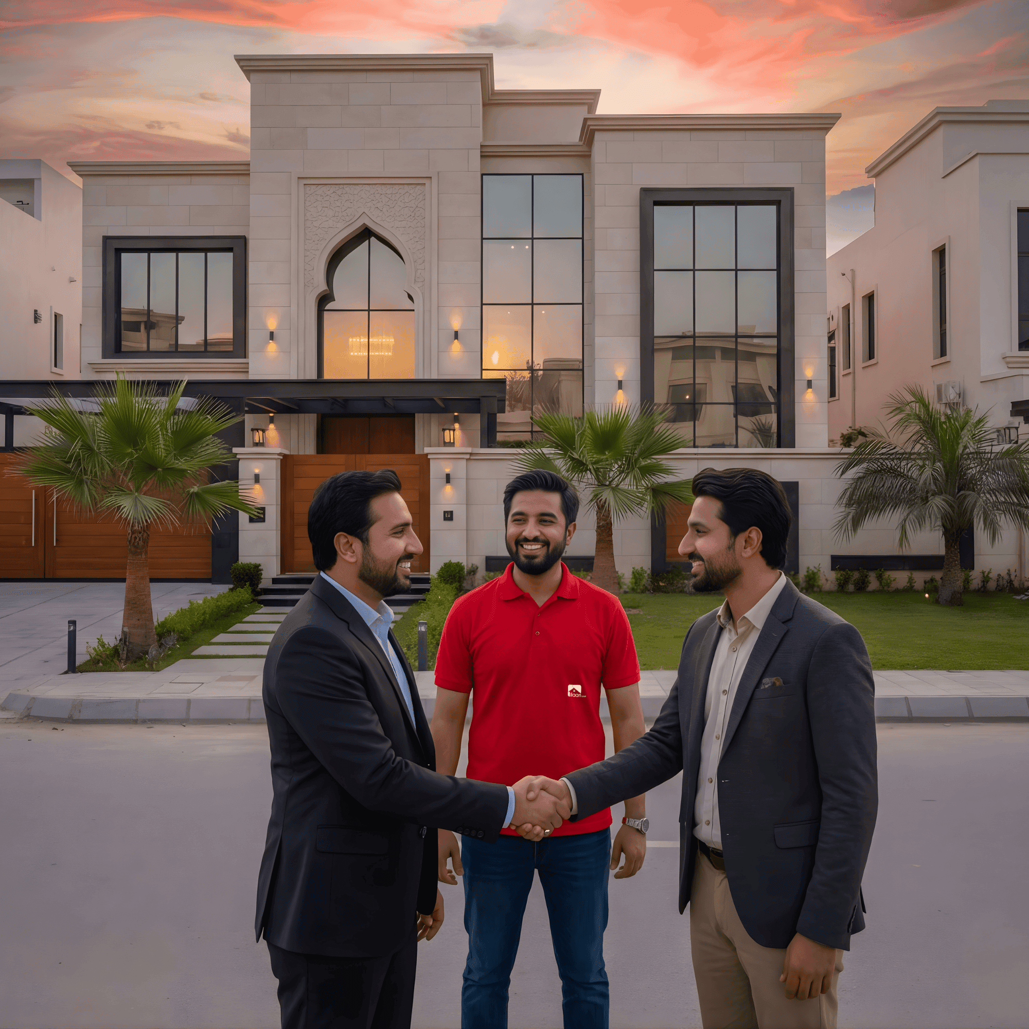 Pakistani family in front of their new home
